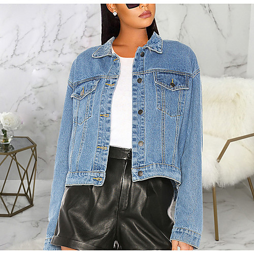 

Women's Coat Casual / Daily All Seasons Regular Coat Shirt Collar Regular Fit Casual Jacket Solid Color Blue