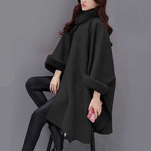 

Women's Cloak / Capes Going out Fall & Winter Regular Coat Loose Streetwear Sophisticated Jacket 3/4 Length Sleeve Solid Colored Fur Trim Gray Camel / Work