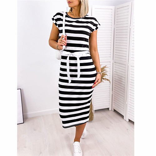 

Women's Sheath Dress Knee Length Dress Black Dark Blue Short Sleeve Stripes Stripe Spring Summer Round Neck Casual 2021 S M L XL XXL