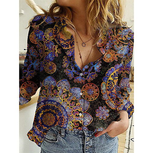 

Women's Blouse Shirt Graphic Long Sleeve Button Print Shirt Collar Casual Streetwear Tops Brown