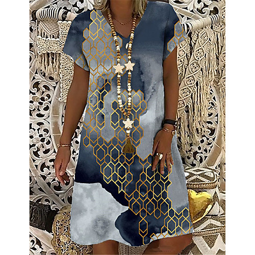 

Women's T Shirt Dress Tee Dress Knee Length Dress Gray Short Sleeve Color Gradient Geometric Print Summer V Neck Casual 2021 S M L XL XXL 3XL