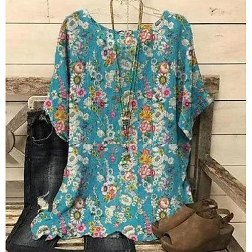 

Women's Plus Size Tops Blouse Shirt Floral Graphic Half Sleeve Round Neck Green Big Size L XL XXL XXXL