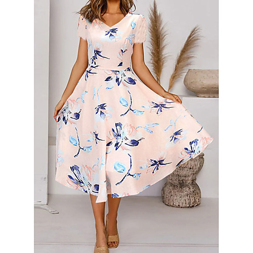 

Women's Swing Dress Midi Dress Blushing Pink Short Sleeve Floral Flower Print Spring Summer V Neck Elegant Holiday 2021 M L XL 2XL 3XL / Party
