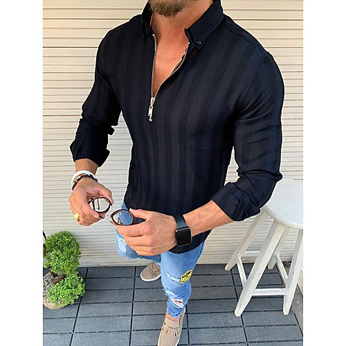 

Men's Shirt non-printing Striped Zipper Long Sleeve Street Tops Casual Soft Breathable Army Green White Black
