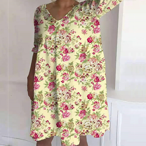

Women's T Shirt Dress Tee Dress Short Mini Dress Yellow Blushing Pink White Black Light Green Short Sleeve Floral Print Summer V Neck Casual 2021 S M L XL XXL 3XL / Cotton