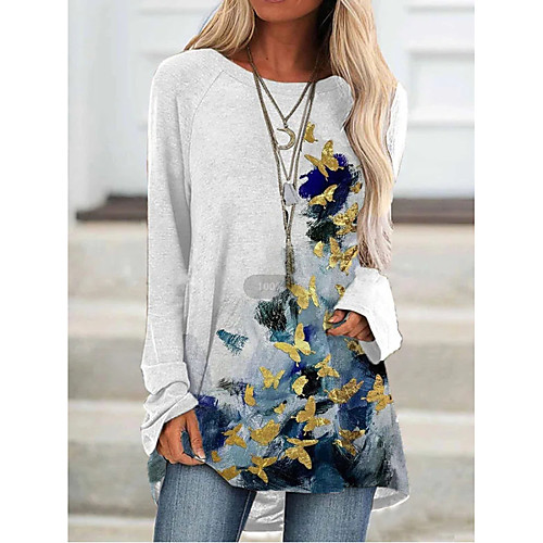 

Women's Butterfly T shirt Butterfly Long Sleeve Round Neck Basic Tops White