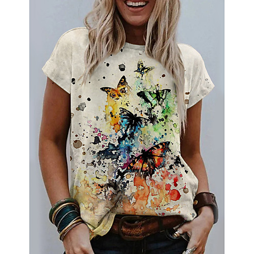 

Women's Abstract Butterfly Painting T shirt Butterfly Tie Dye Animal Print Round Neck Basic Tops Brown