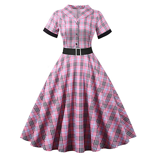 

Women's A Line Dress Midi Dress Yellow Blushing Pink Green Red Short Sleeve Plaid / Check Summer Vintage 2021 S M L XL XXL