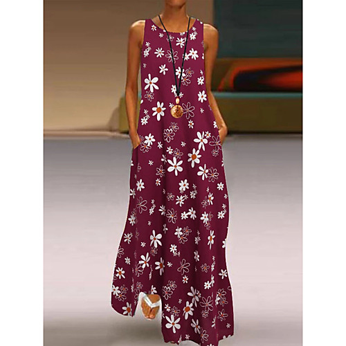 

Women's Swing Dress Maxi long Dress Navy Wine Red Black Sleeveless Flower Spring Summer Round Neck Bohemian Style Casual Holiday Loose 2021 M L XL 2XL 3XL 4XL 5XL / Cotton / Cotton