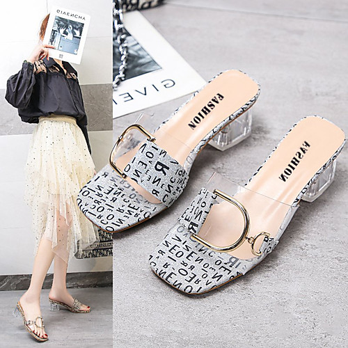 

Women's Sandals Chunky Heel Square Toe PU Flower Button Check Black Gold Silver