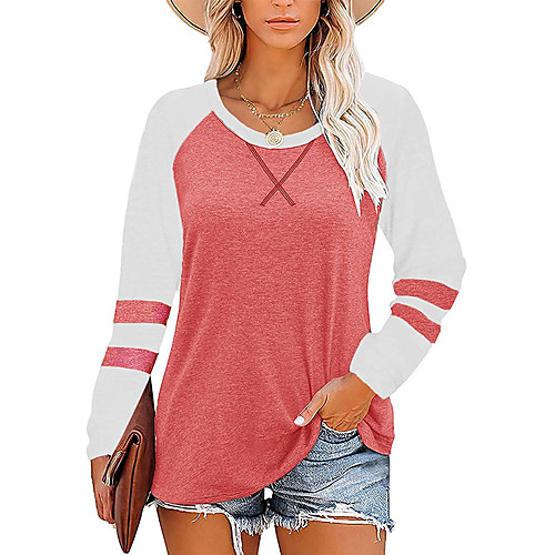 

Women's T shirt Color Block Long Sleeve Patchwork Round Neck Basic Tops Cotton Purple Blushing Pink Gray