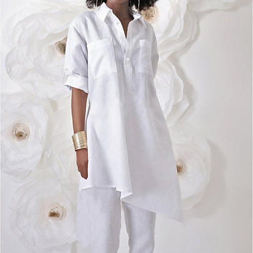 

Women's Shirt Dress Knee Length Dress White Dark Blue Long Sleeve Solid Color Pocket Spring Summer Shirt Collar Chic & Modern Casual 2021 S M L XL 2XL 3XL 4XL 5XL