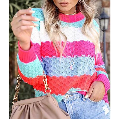 

Women's Casual Stripe Stripes Pullover Sweater Long Sleeve Sweater Cardigans Round Neck Fall Spring Purple Yellow Sky Blue