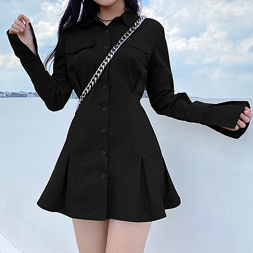 

Women's Shirt Dress Short Mini Dress Gray Green White Black Long Sleeve Solid Color Pleated Spring Summer Collar Active 2021 S M L