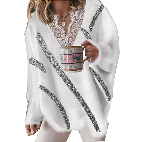 

Women's Stylish Lace Trims Argyle Sweater Long Sleeve Sweater Cardigans V Neck Fall Winter White