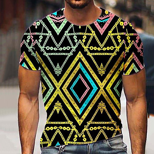 

Men's Tee T shirt Shirt 3D Print Graphic Geometry Plus Size Short Sleeve Casual Tops Basic Designer Big and Tall Blue Yellow Black