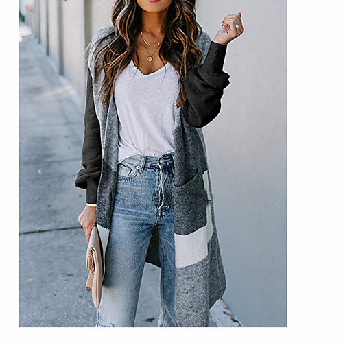 

Women's Casual Color Block Color Block Cardigan Long Sleeve Sweater Cardigans Open Front Fall Spring Light Blue Orange Black