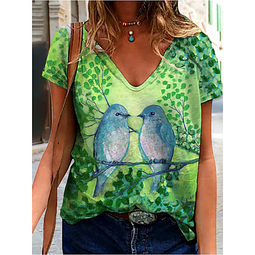 

Women's Painting T shirt Bird Round Neck Basic Tops Green