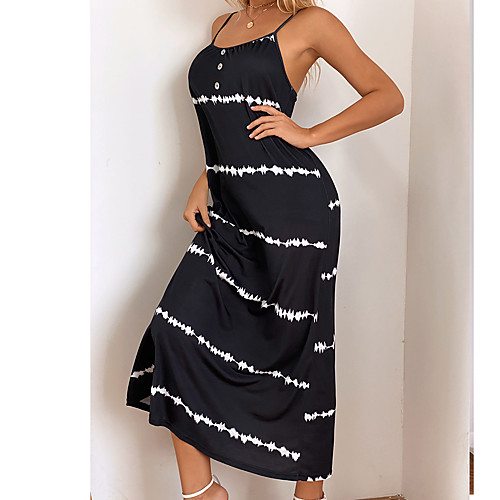 

Women's Sundress Maxi long Dress Black and white stripes Sleeveless Tie Dye Print Fall Summer cold shoulder Vintage Boho 2021 S M L XL