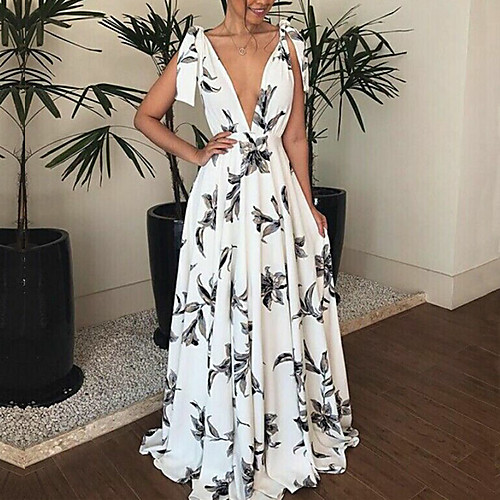 

Women's Swing Dress Maxi long Dress White Sleeveless Geometric Zipper Bow Print Summer V Neck Sexy Boho Holiday Beach Slim 2021 S M L XL