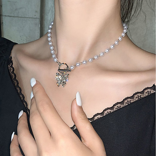 

Women's Clear Cubic Zirconia Choker Necklace Pendant Necklace Drop Butterfly Dainty Elegant Fashion European Freshwater Pearl Alloy Silver 39 cm Necklace Jewelry 1pc For Wedding Party Evening Street