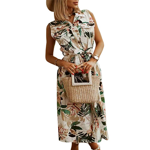 

Women's A Line Dress Maxi long Dress White Sleeveless Print Summer Casual 2021 S M L XL