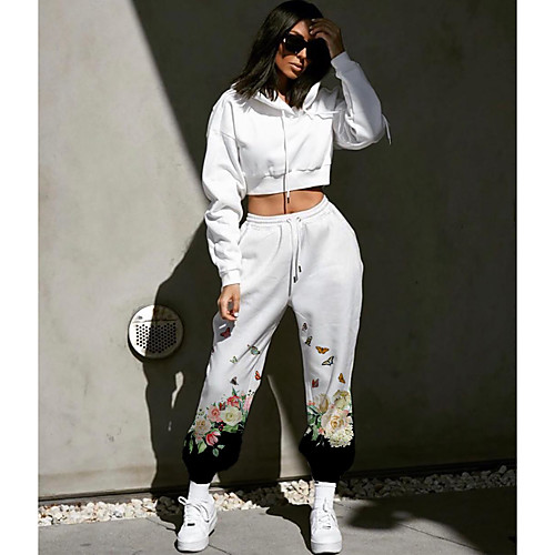 

Women's Designer Streetwear Comfort Going out Weekend Jogger Pants Flower / Floral Color Block Full Length Elastic Drawstring Design Print White