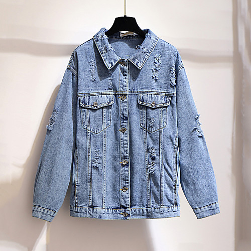 

Women's Plus Size Denim Jacket Pocket Button Regular Shirt Collar Holiday Going out Spring & Fall Blue Gray Big Size XXL 3XL 4XL 5XL 6XL