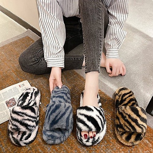 

Women's Slippers & Flip-Flops Flat Heel Round Toe Faux Fur Striped Blue White Black