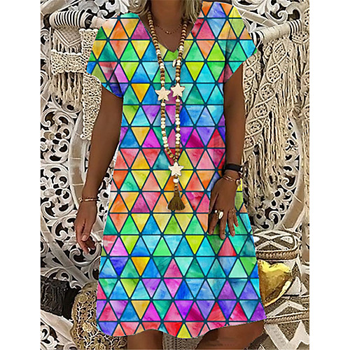 

Women's T Shirt Dress Tee Dress Knee Length Dress Blue Short Sleeve Color Block Geometric Print Summer V Neck Casual Holiday 2021 S M L XL XXL 3XL