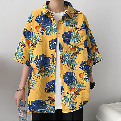 

Men's Shirt Plants 3/4 Length Sleeve Going out Tops Casual Yellow