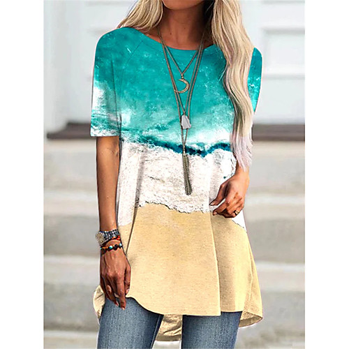 

Women's T Shirt Dress Tee Dress Short Mini Dress Blue Half Sleeve Color Gradient Print Fall Summer Round Neck Casual 2021 S M L XL XXL 3XL