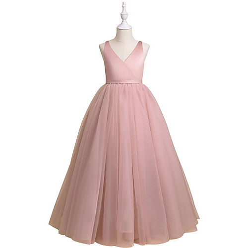 

A-Line Floor Length Flower Girl Dresses Party Tulle Sleeveless V Neck with Pleats