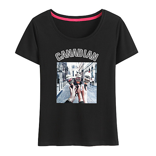 

Women's Painting T shirt Graphic Text Print Round Neck Basic Tops Cotton Blushing Pink White Black