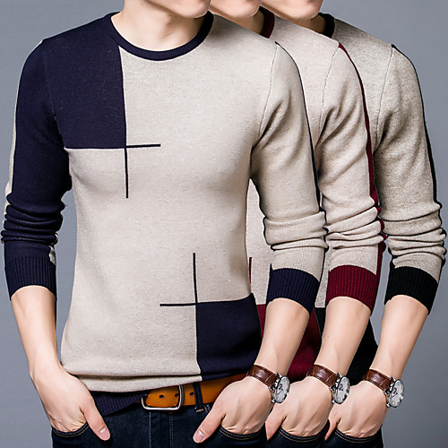 

Men's Stylish Vintage Style Knitted Color Block Pullover Sweater Long Sleeve Sweater Cardigans Crew Neck Fall Winter Black Red Navy Blue