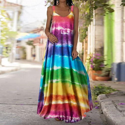 

Women's Strap Dress Maxi long Dress Yellow Red Wine color Green Sleeveless Tie Dye Print Fall Spring cold shoulder Casual 2021 S M L XL 2XL