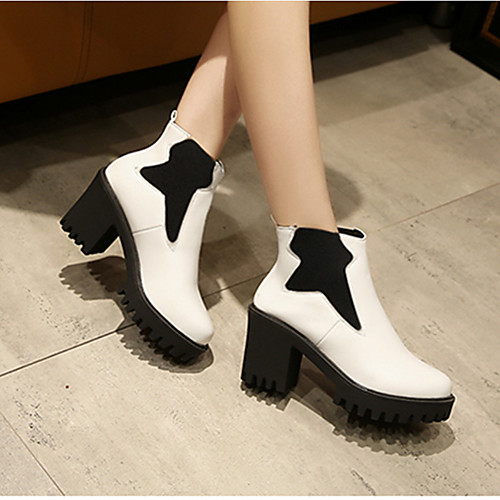 

Women's Boots Chunky Heel Round Toe Booties Ankle Boots PU Color Block White