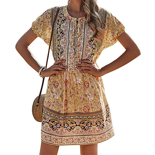 

Women's A Line Dress Short Mini Dress Yellow Green Orange Short Sleeve Geometic Spring Summer Bohemian Style Active 2021 S M L XL