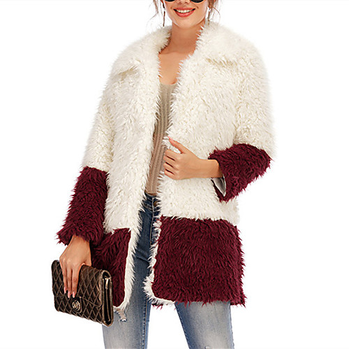 

Women's Faux Fur Coat Daily Wear Fall Winter Long Coat V Neck Regular Fit Casual Jacket Solid Color Pocket Cotton fight white ash Cotton fight white red