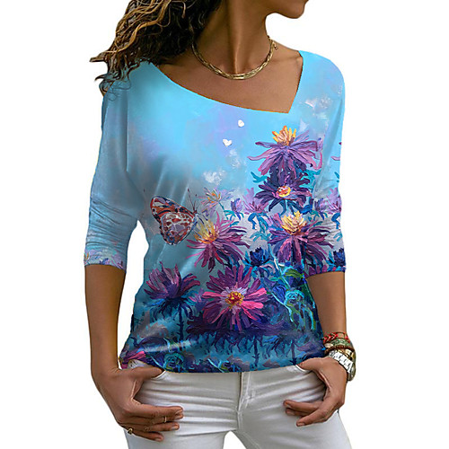 

Women's Floral Theme Abstract Butterfly T shirt Floral Butterfly Long Sleeve Print V Neck Basic Tops Blue