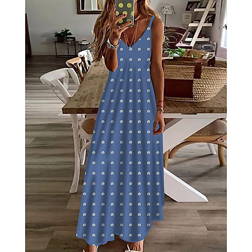 

Women's A Line Dress Maxi long Dress Blue Sleeveless Polka Dot Print Print Spring Summer V Neck Casual Holiday 2021 S M L XL XXL 3XL