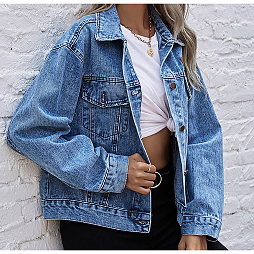 

Women's Denim Jacket Daily Fall & Winter Short Coat Shirt Collar Regular Fit Jacket Long Sleeve Solid Colored Patchwork Light Blue Blue / Cotton