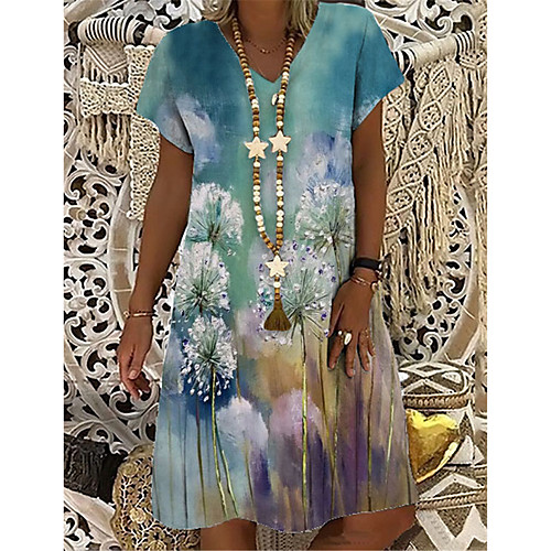 

Women's T Shirt Dress Tee Dress Knee Length Dress Blue Short Sleeve Floral Print Print Summer V Neck Casual Holiday 2021 S M L XL XXL 3XL