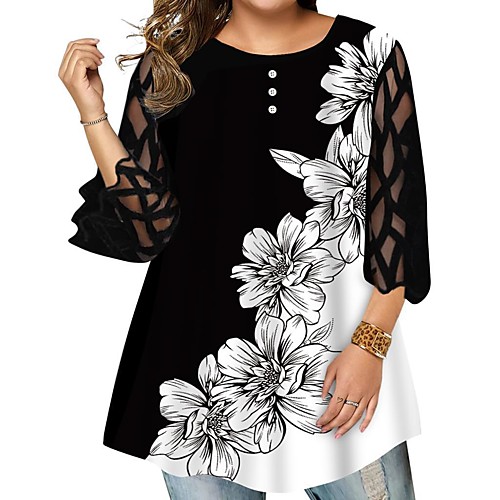 

Women's Plus Size Tops Blouse Flower 3/4 Length Sleeve Round Neck Casual Spring Summer Blue Red Wine White Big Size L XL 2XL 3XL 4XL