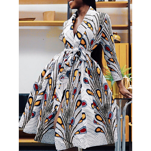 

Women's A Line Dress Knee Length Dress Blue White Red Long Sleeve Print Print Fall Summer V Neck Elegant Casual 2021 S M L XL
