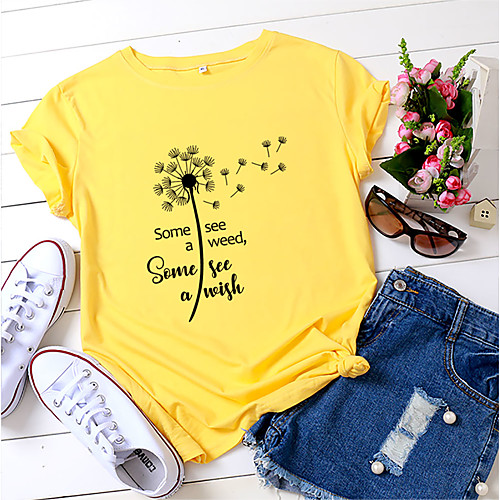

Women's T shirt Text Letter Print Round Neck Basic Tops 100% Cotton Yellow Blushing Pink Wine