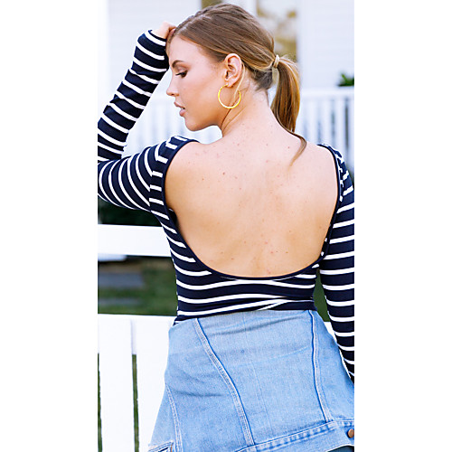 

Women's T shirt Striped Long Sleeve Round Neck Basic Tops Blue