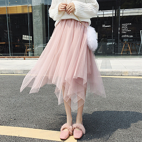 

Women's Casual / Daily Weekend Basic Streetwear Calf-Length Skirts Solid Colored Layered Tulle Blushing Pink Black