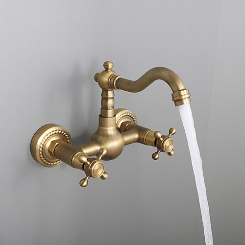 

Two Handles Bathroom Sink Faucet,Golden Wall Mount Two Holes Retro Style StandardSpout Bathroom Sink Faucet with Cold and Hot Switch