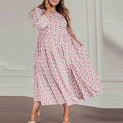 

Women's Swing Dress Midi Dress Blushing Pink Long Sleeve Floral Print Summer Round Neck Casual 2021 S M L XL XXL 3XL 4XL